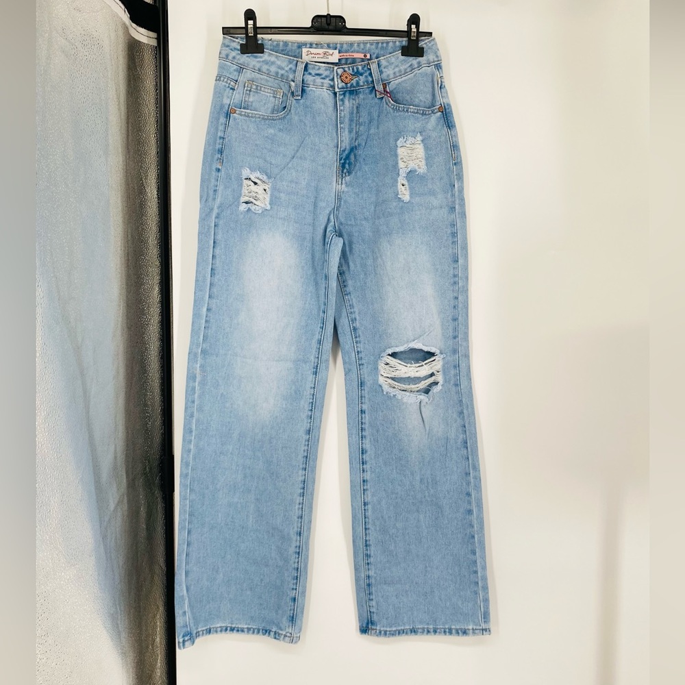 Blue High Waist Ripped Distressed Wide Leg Jeans Denim Pants - Picture 8 of 11